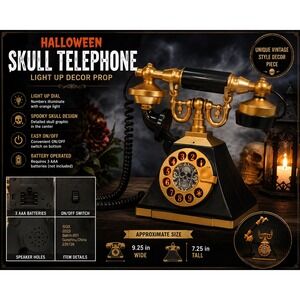 Halloween Skull Telephone Light Up Decor Prop Black Gold Vintage Style SQX 0323
